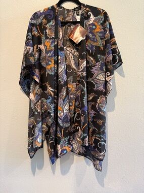 IMAN Black Paisley Print Kimono Wrap with Blue, Purple & Orange Accents
